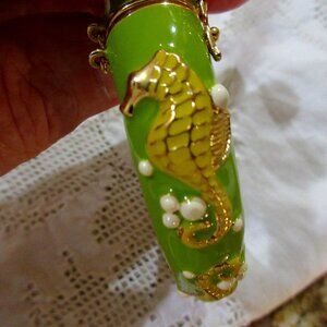 J. Crew Green and Yellow Seahorse Bangle Bracelet Gold Tone 8"